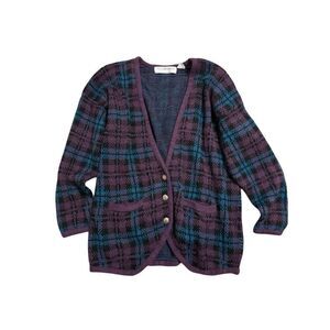 Vintage Maggie Lawrence Plaid Acrylic Purple Sweater Cardigan Oversized Small